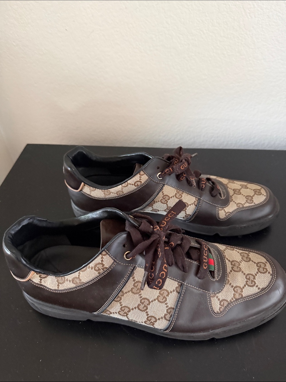 Gucci Men’s Brown & Beige GG Canvas Leather Sneakers with Web Stripe - Picture 2 of 3